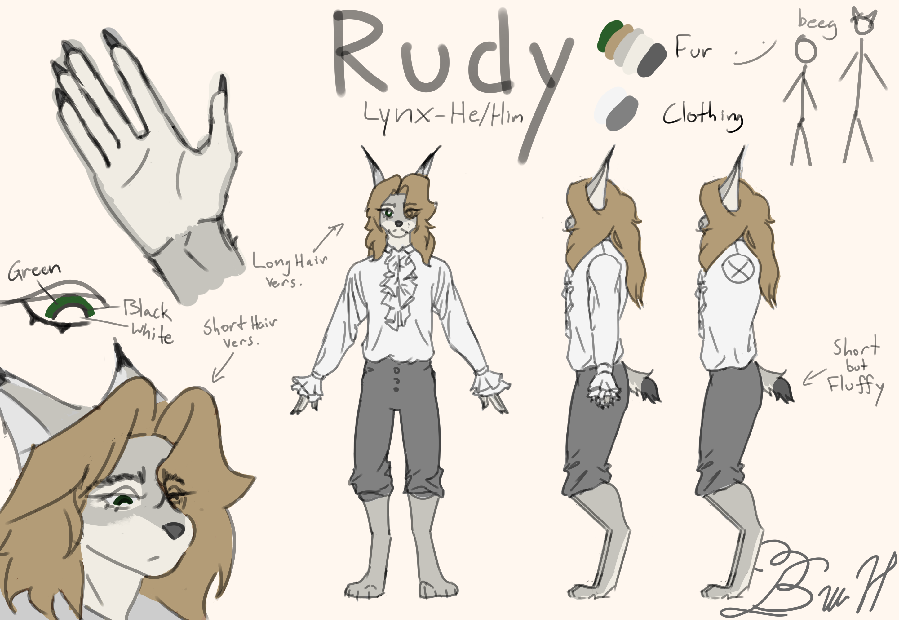 an anthropomorphic lynx with gray fur and light brown hair. a headshot shows his green eyes. a full body view shows off seventeenth century dress clothes: a baggu white shirt with a frill on the chest and black high waisted pants. a stick figure diagram at the top shows that he is a good bit taller than the average height.